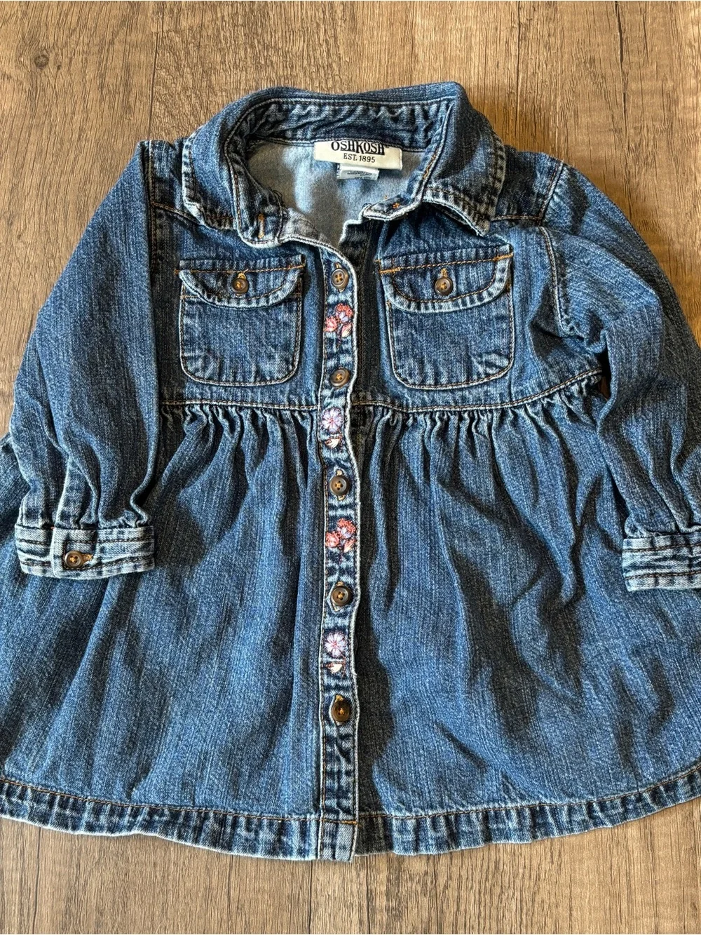 Vintage 2000s Y2K Oshkosh B’Gosh Denim Dress Baby Clothes Outfit Floral 12M